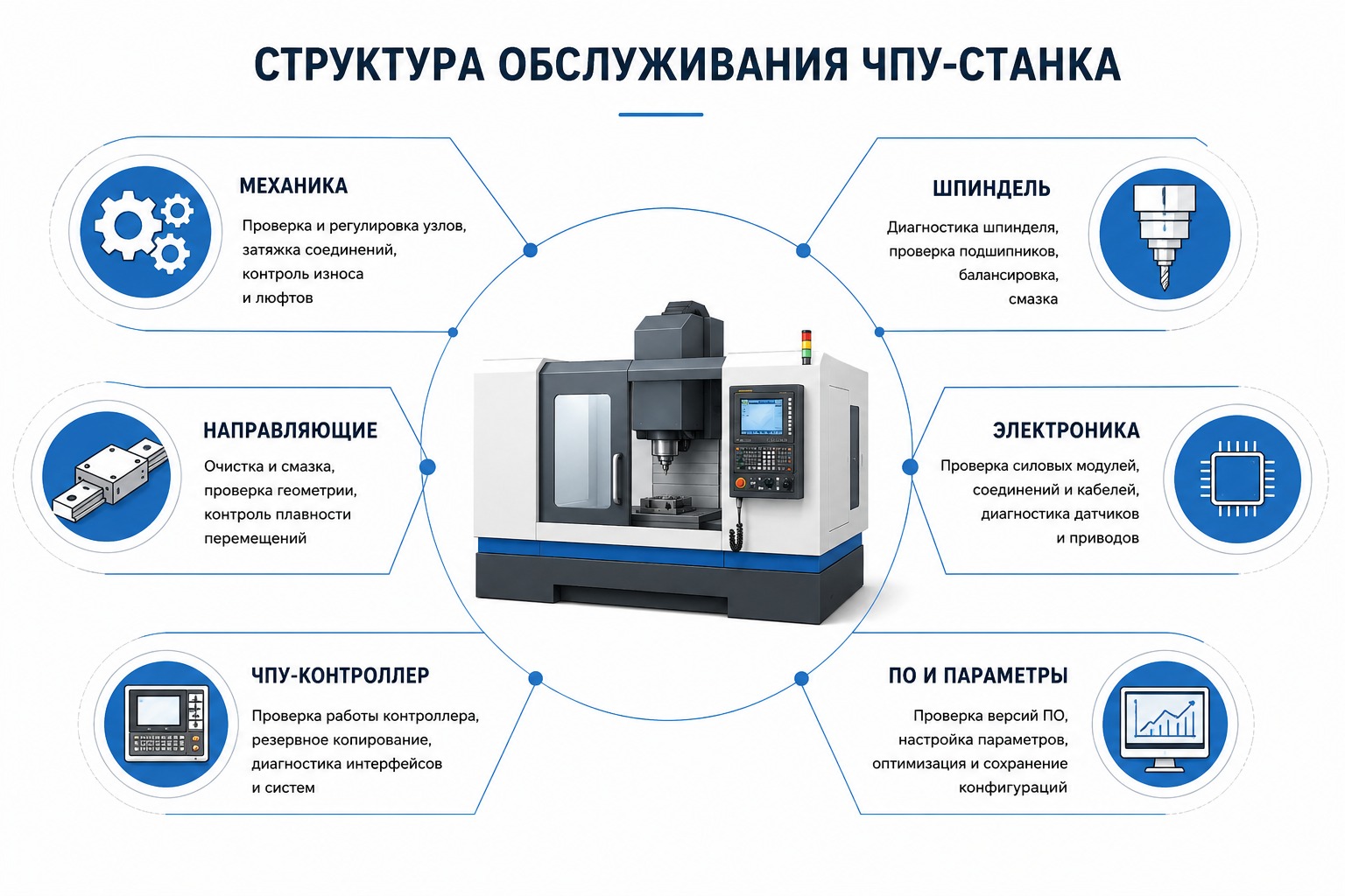 Инфографика: структура обслуживания ЧПУ-станка — механика, направляющие, ЧПУ-контроллер, шпиндель, электроника, ПО и параметры